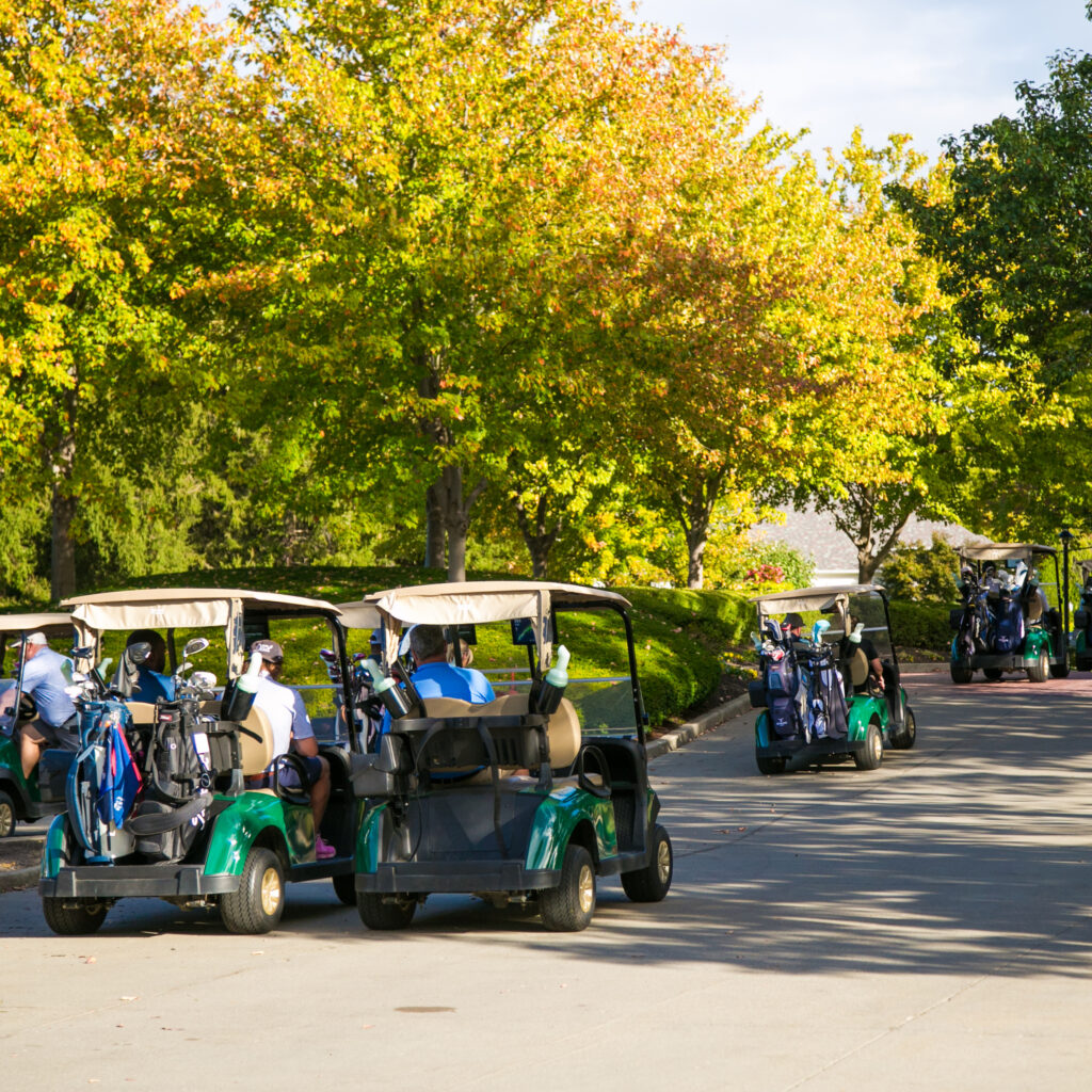 golf carts in front of fall foilage